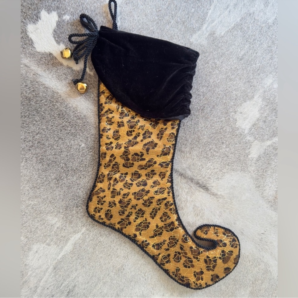 Shabby Cottage Christmas Stocking Leopard & Black Velvet Jingle Bells Paris Chic